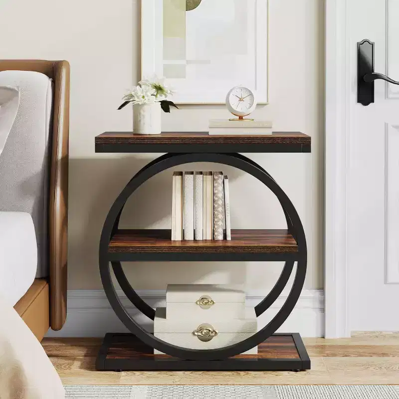 Lantine End Table Set, Bedside Table with 3 Tiers Shelves, 2PCS