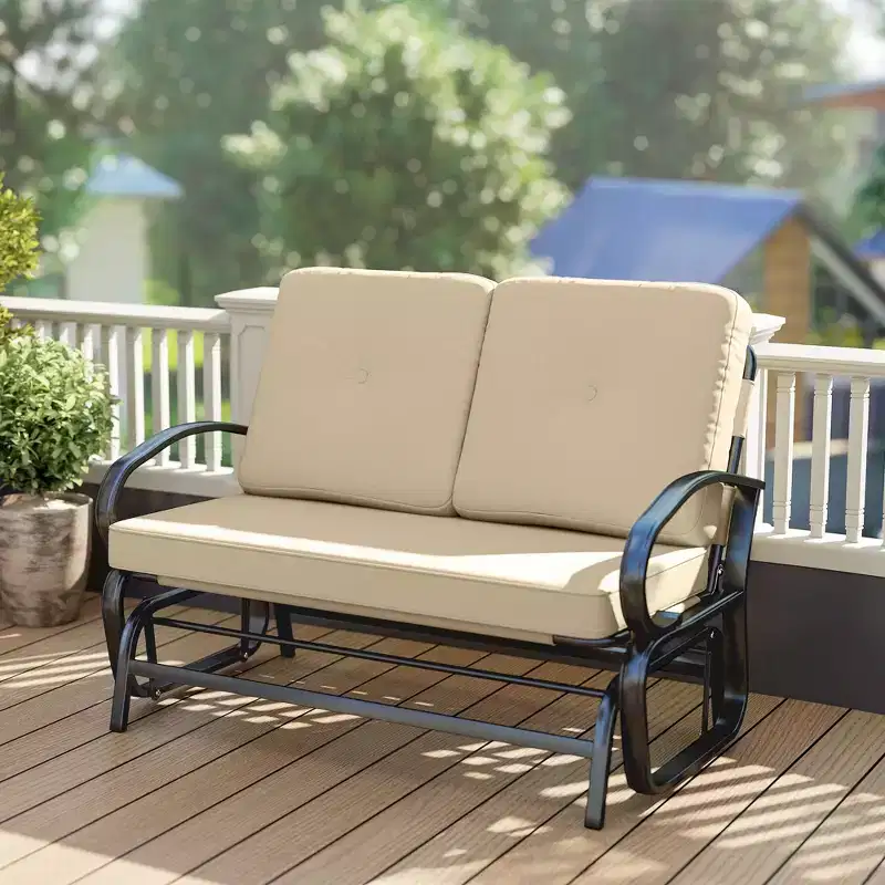 Outsunny Patio Glider Bench with Padded Cushions and Armrests, Outdoor 2-Person Swing Rocking Chair Loveseat with Sturdy Frame