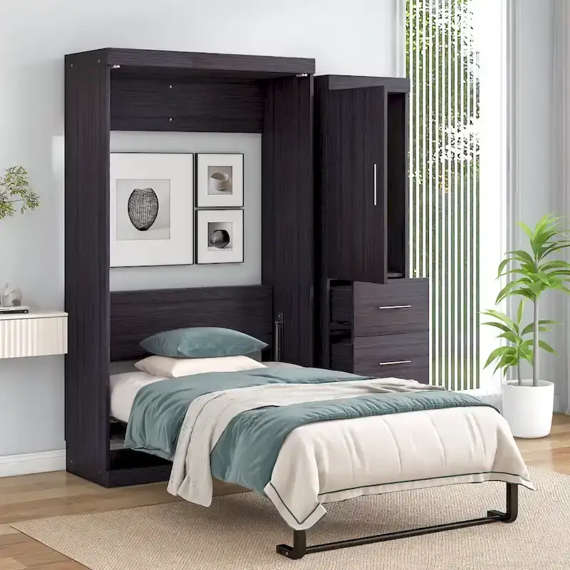 Gray Twin Size Foldable Murphy Bed Cabinet with 1 Wardrobe and 3 Drawers for 1 Person