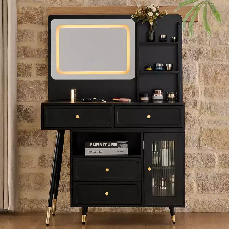 GDFStudio Ramon 4-Drawer Vanity Set with Stool, Dimmable Mirror, Power Outlet and Adjustable Side Cabinet