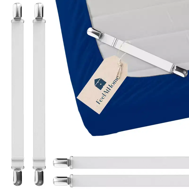 Bed Sheet Clips 4PCS - Mattress Holder Straps, Elastic Corner Bands with Clamps, Fit Twin/Queen/King Sheets