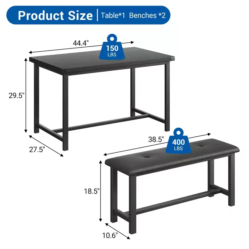 Kitchen Table Set with 2 Upholstered Benches for 4, Dining Room Metal and Wood Rectangular Table Set for Small Space, Apartment