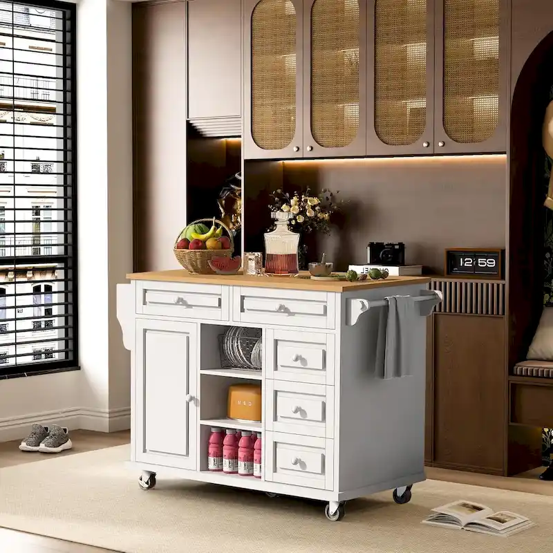 Roomfitters Kitchen Cart with Rubber wood Desktop - Rolling Mobile Kitchen Island with Storage and 5 Drawers, 53 Inch Length