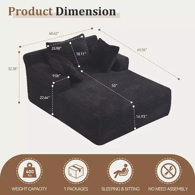 Efomao 66inx48in Chaise Longue Chair Indoor Modern Upholstered Corduroy Deep Seat Sofa Bed with Armrests No Assembly Required Black