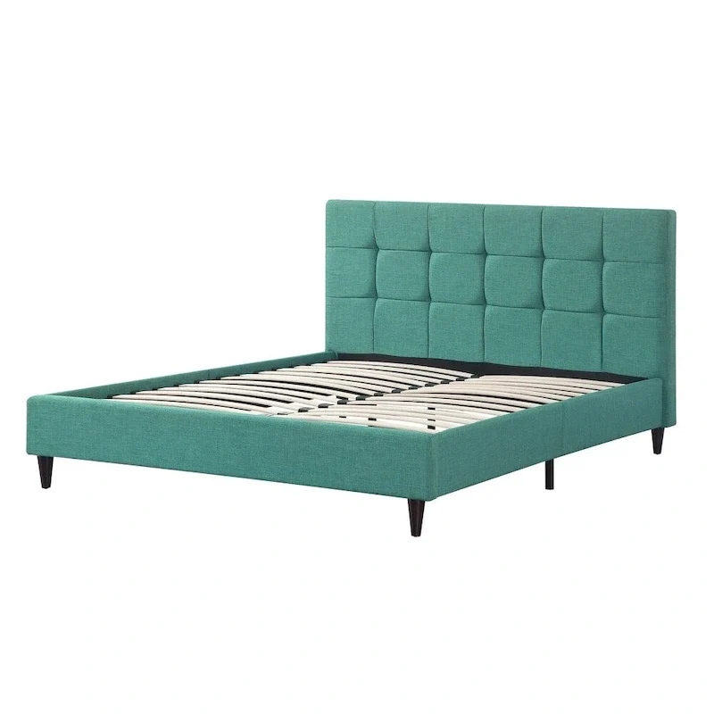 Upholstered Square Stitched Platform Bed with Wooden Slats