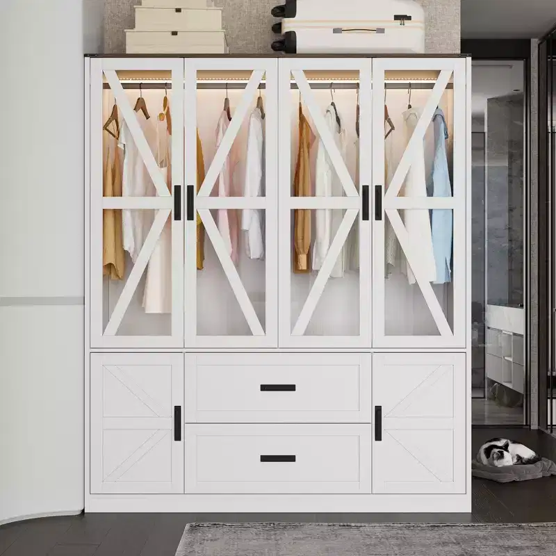 Farmhouse White 4-Door Wardrobe with 3-Color LED Lighting, Hanging Rod & Drawer Storage Armoire