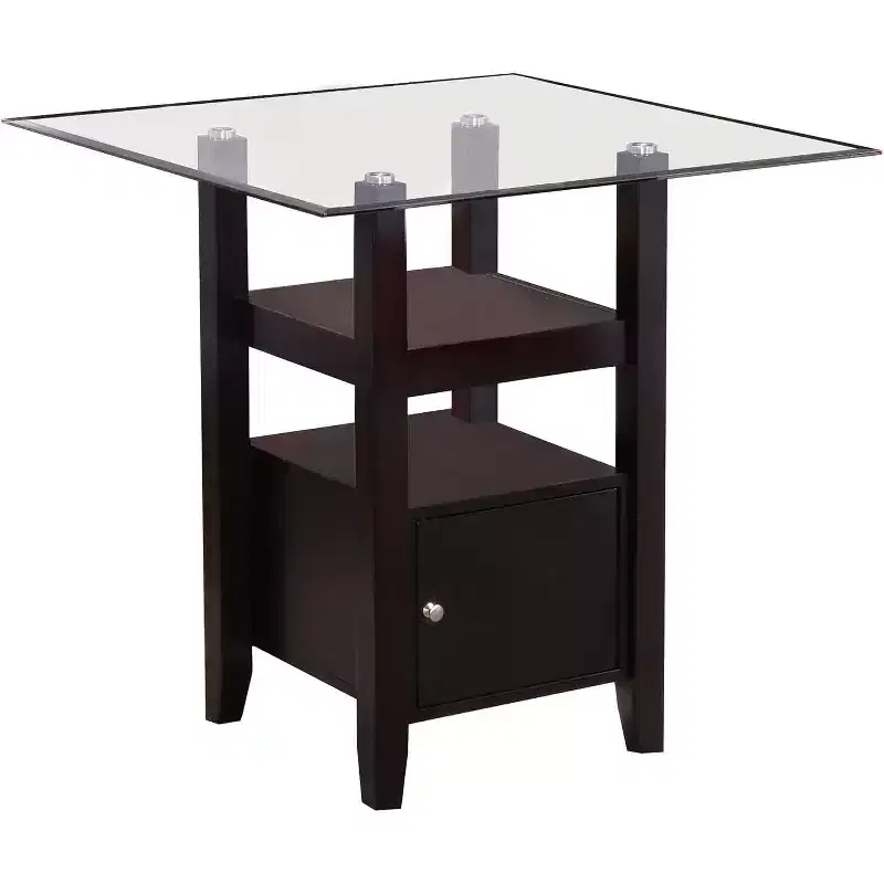 Kings Brand Furniture - Cappuccino Finish/Glass Top Counter Height Dining Table with Storage
