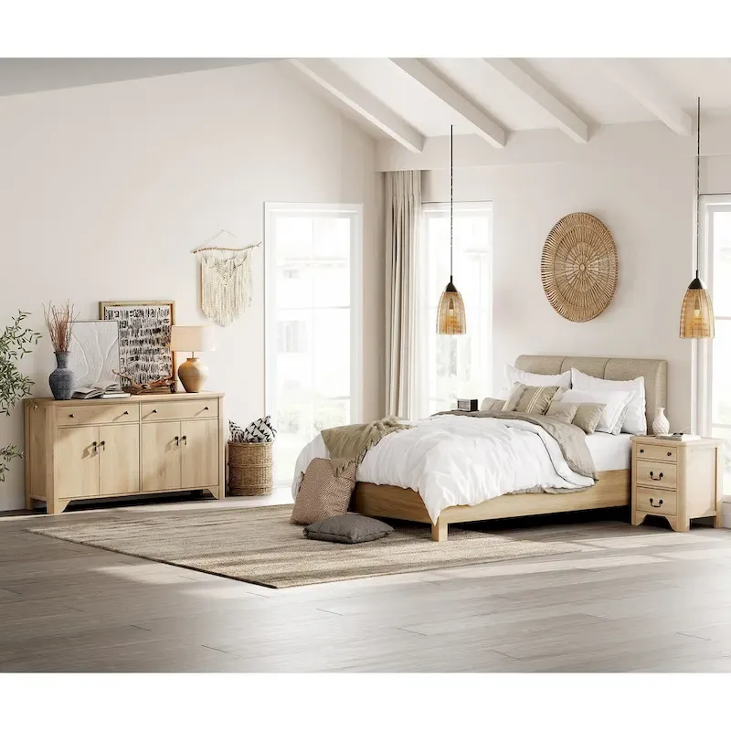WAMPAT Farmhouse 3PCS Bedroom Set, 59 W Large Sideboard Buffet Cabinet,and Wood Nightstands Set of 2 with Charging Station