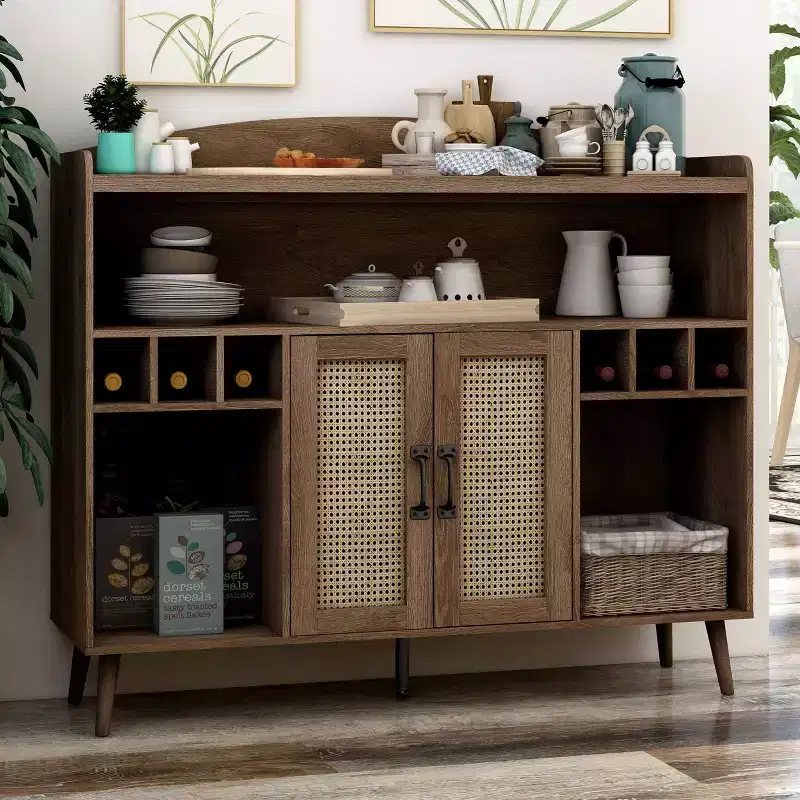 Klimar Open Shelves Buffet Distressed Walnut - miBasics: Midcentury Server, 6-Bottle Cubbies, Woven Door