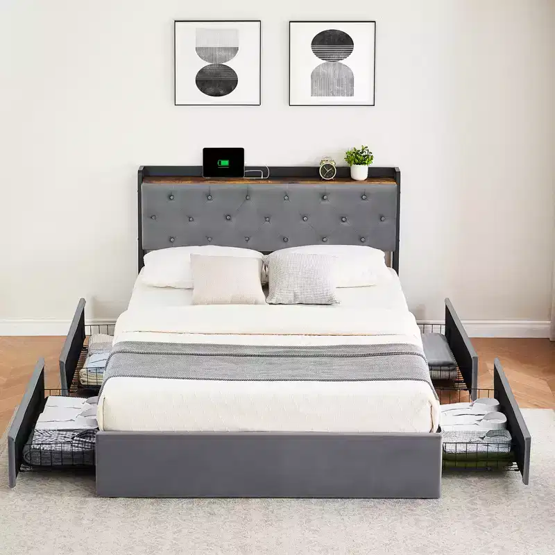 Grey Velvet Upholstered Platform Bed with Storage Drawers & Headboard Shelf – Full/Queen