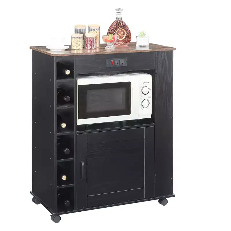 VECELO Kitchen Island Car Rolling Storage Cabinet with Charging Station and Open Shelves, White/Brown