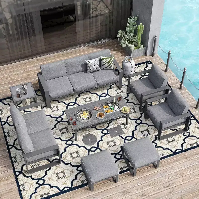Heynemo Aluminum Patio Furniture Set with Fire Pit Table, 8 Pieces Outdoor Seating Set Sectional Couch Sofa with Ottomans and Coffee Table