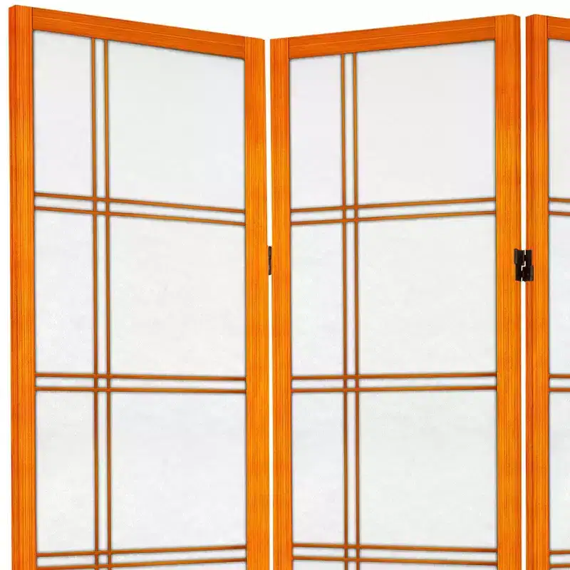 6 ft. Tall Canvas Double Cross Room Divider - Honey (4 Panels) Privacy Screen, Hardwood Frame