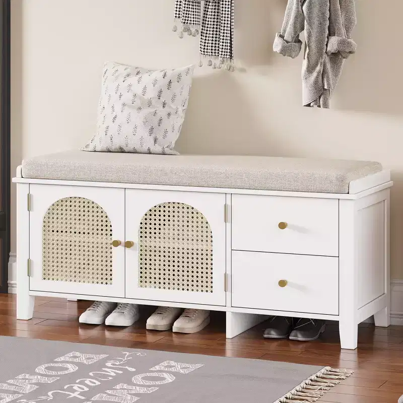 Shoe Storage Bench, Vintage Shoe Bench with Storage and Cushion, Shoe Bench with 2 Drawers and 2 Rattan Door for Entryway, White