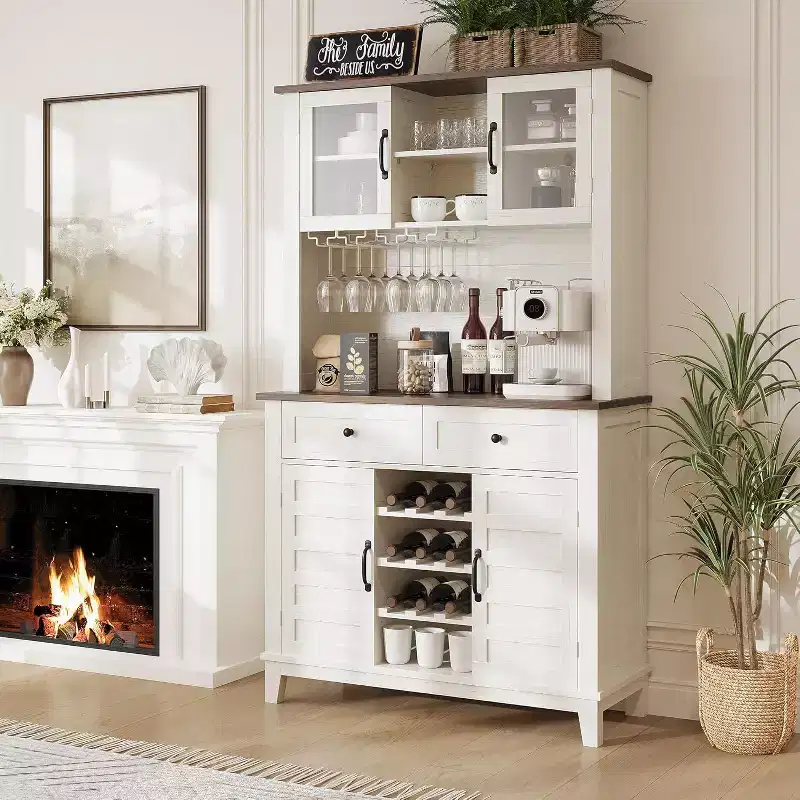 Farmhouse Coffee Bar Cabinet with 4 Doors, 2 Drawers & Wine Rack, 72 Kitchen Storage Console for Microwave & Home Bar