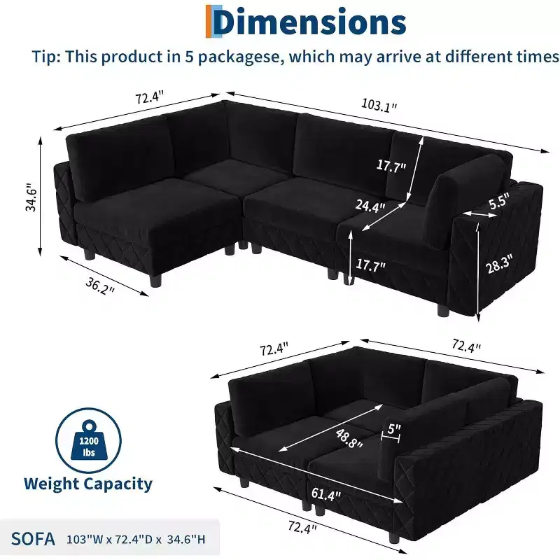 Acekool 134 Modular Sectional Sofa, 4-Seat L-Shaped Velvet Couch with High-Density Cushions, Upholstered Cloud Sofa,Black