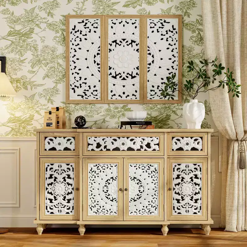 Famapy Bookshelves Display Bookcase Rustic Wood Sideboard Buffet Cabinet with Carved Doors and Bonus Matching Wall Art Dresser Cabinet