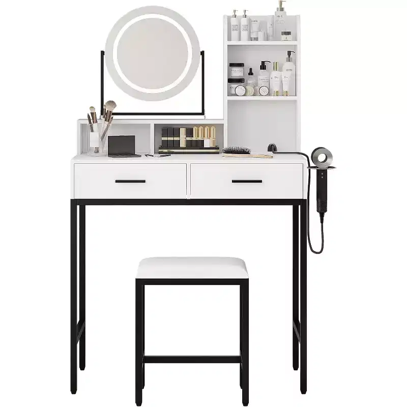 Adjustable Vanity Desk with Rotating Mirror and Storage Shelves, 2 Drawers & Stool, for Bedroom, Dressing Room