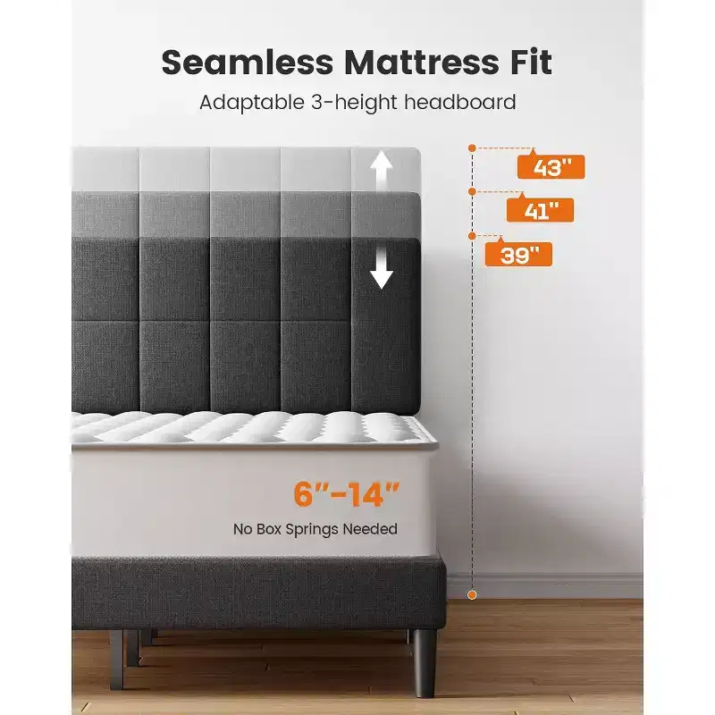 Pipishell full-size bed frame with 12 thickened legs and fabric cushioned headboard, capable of withstanding 1300 pounds and easy to assemble