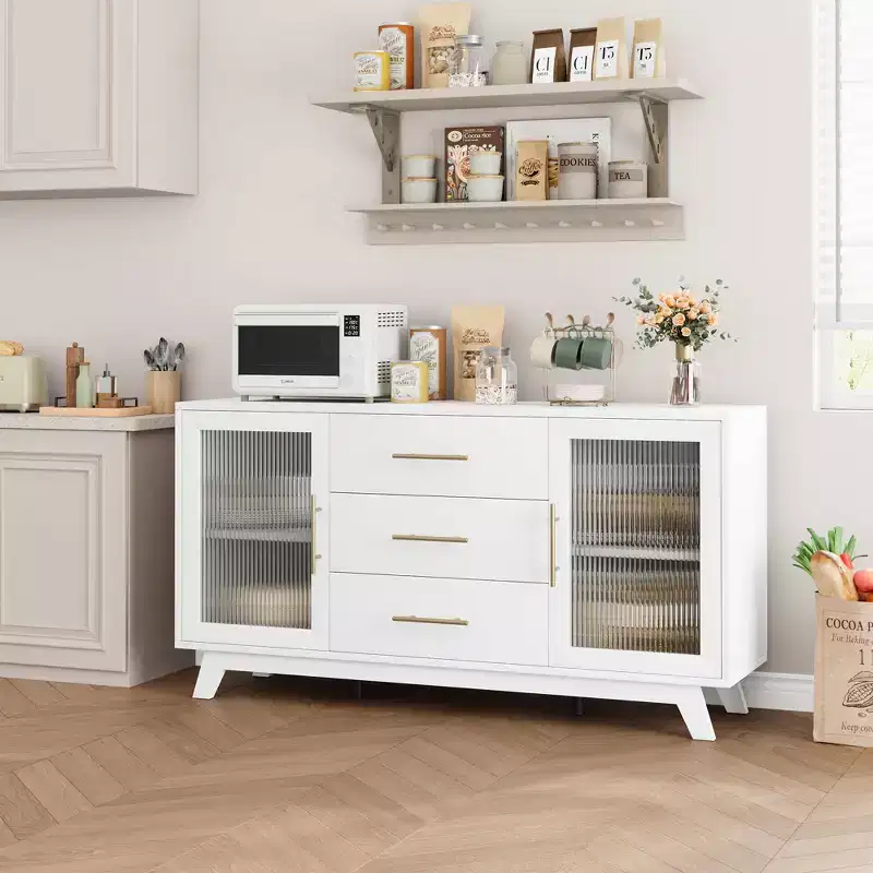 COZONY 56 Sideboard Buffet Cabinet with 2 Fluted Glass Doors, 3 Large Drawers Modern Coffee Bar for Kitchen Dining Living Room