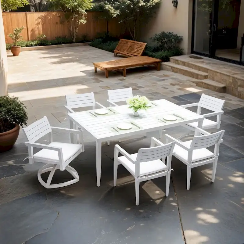 7PC Patio Aluminum Furniture, Modern Dining Set including 4 Dining Chairs & 2 Swivel Rockers, Matte White+Grayish