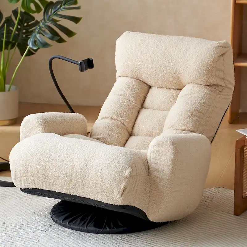 Beige Boucle Single Swivel Recliner Chair with Adjustable Backrest & Headrest