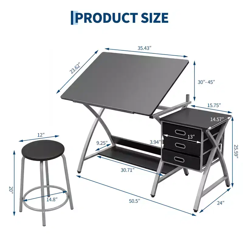 Adjustable Drafting Table with Stool, Drawing Table with Tiltable Tabletop & 3 Storage Drawers, Painting Studio Work Station, Art Desk for Drafting