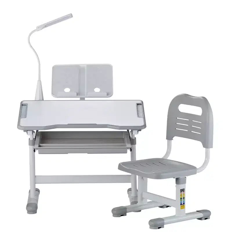 Kids Chair and Desk Set Table Lamp Adjustable Height Tilted Desktop Grey Heavy Duty