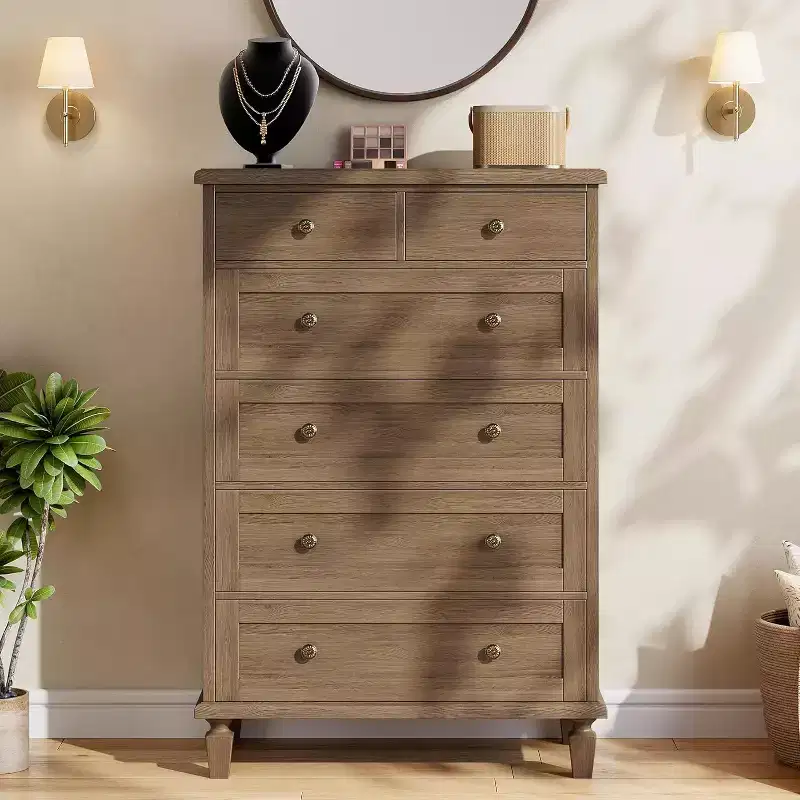 Wood 6-Drawer Dresser with Tapered Legs — Distressed Finish