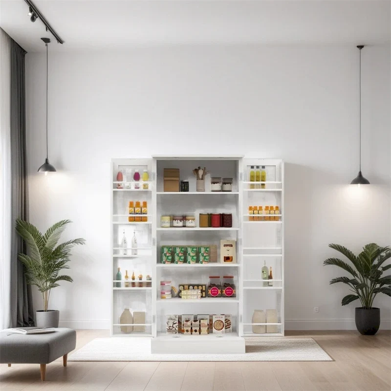 Freestanding LED Kitchen Pantry Cabinet with 2 Doors and Shelves - N/A