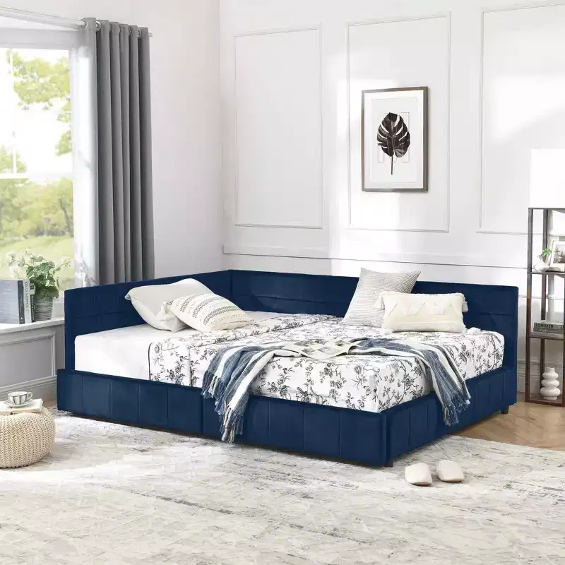 Full Size Storage Upholstered Daybed with Backrest and Armrests for Bedroom Living Room – Dark Blue