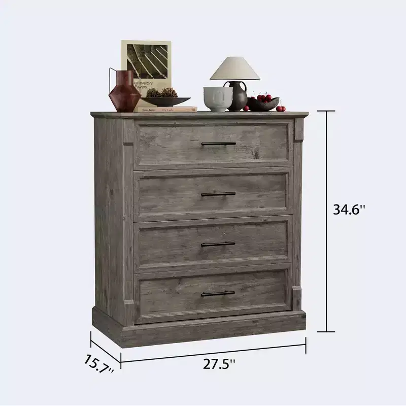 4 Drawer Dresser for Bedroom, Tall Cabinet in Farmhouse Style with Metal Handles, Rustic Wooden Wardrobe for Living Room, Hallway