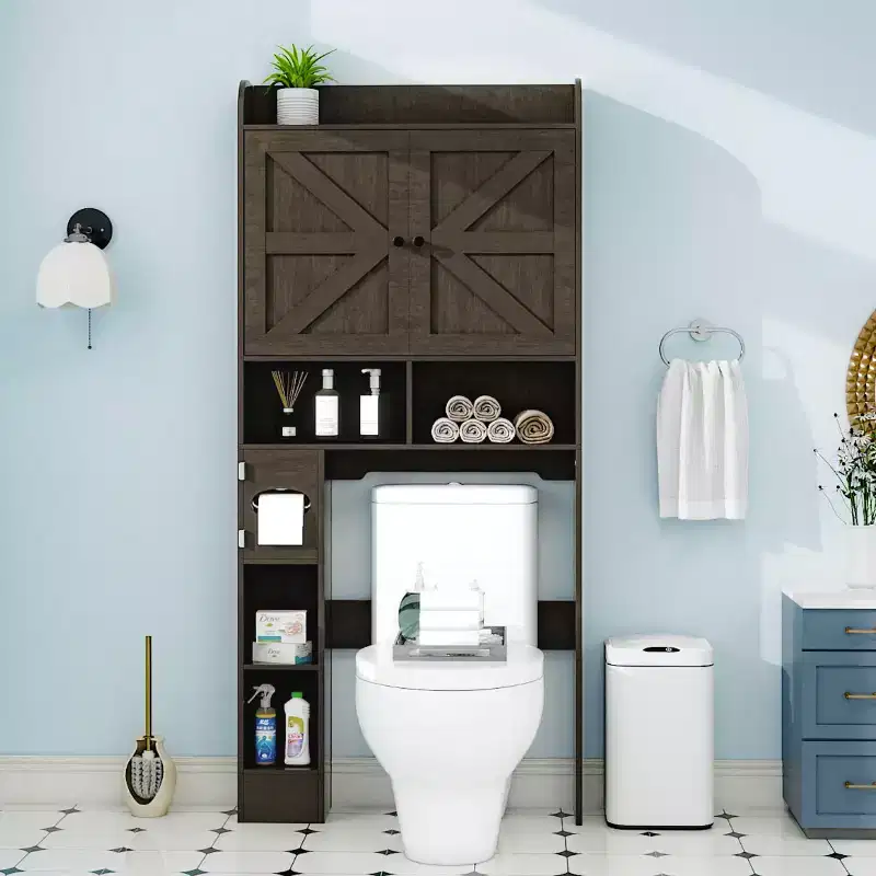 Over-the-Toilet Storage Cabinet| Bathroom Organizer Shelf with Barn Doors, Toilet Paper Holder