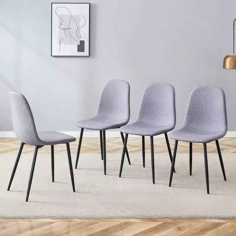 MAYEERTY Set of 4 Luxury Simple Dining Chairs Light Gray Linen Cotton Black Metal Legs Fits Diverse Decor