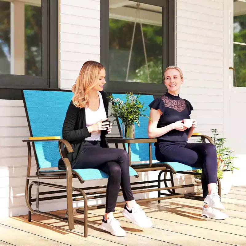 Outsunny Outdoor 2-Person Glider Bench with Table, Outside Breathable Mesh Swing Chair for Patio, Garden, Backyard, Porch