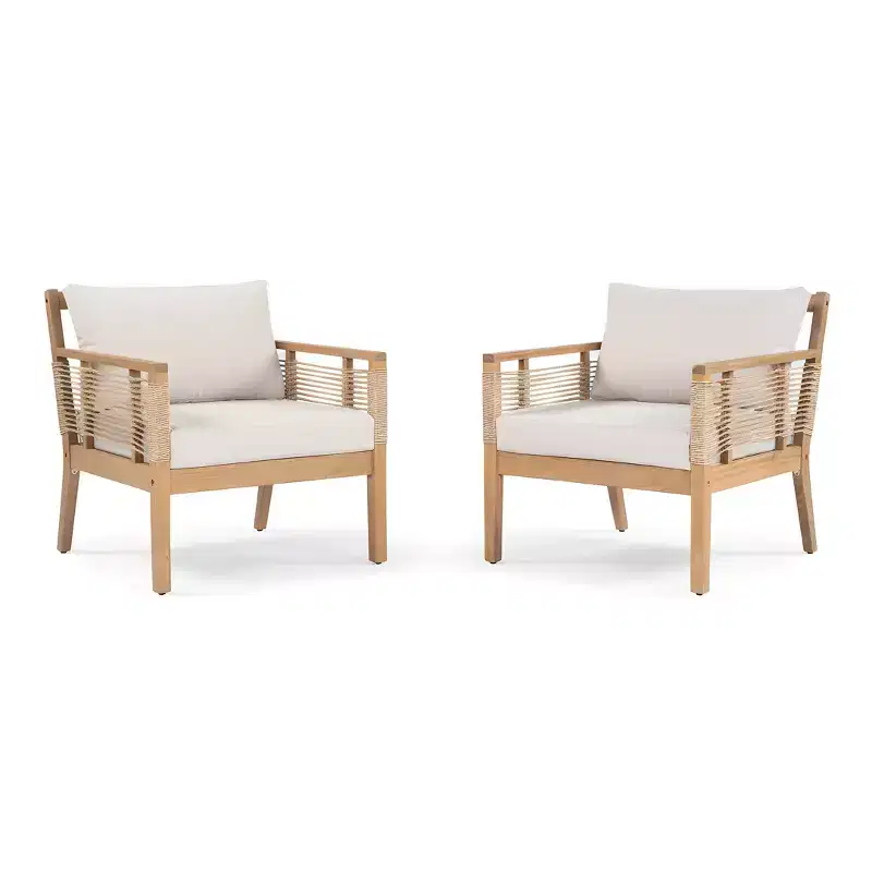 ModernLuxe Set of 2 Patio Acacia Wood Club Chairs, Hand-Woven Twist Rope Armchairs with Beige Cushions for Backyard & Poolside, Teak Finish