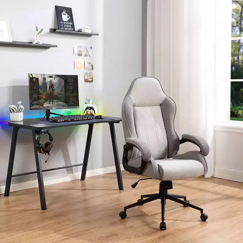 Swivel Gaming Chair Gray Upholstered Computer Desk Chair Adjustable Fixed Arms