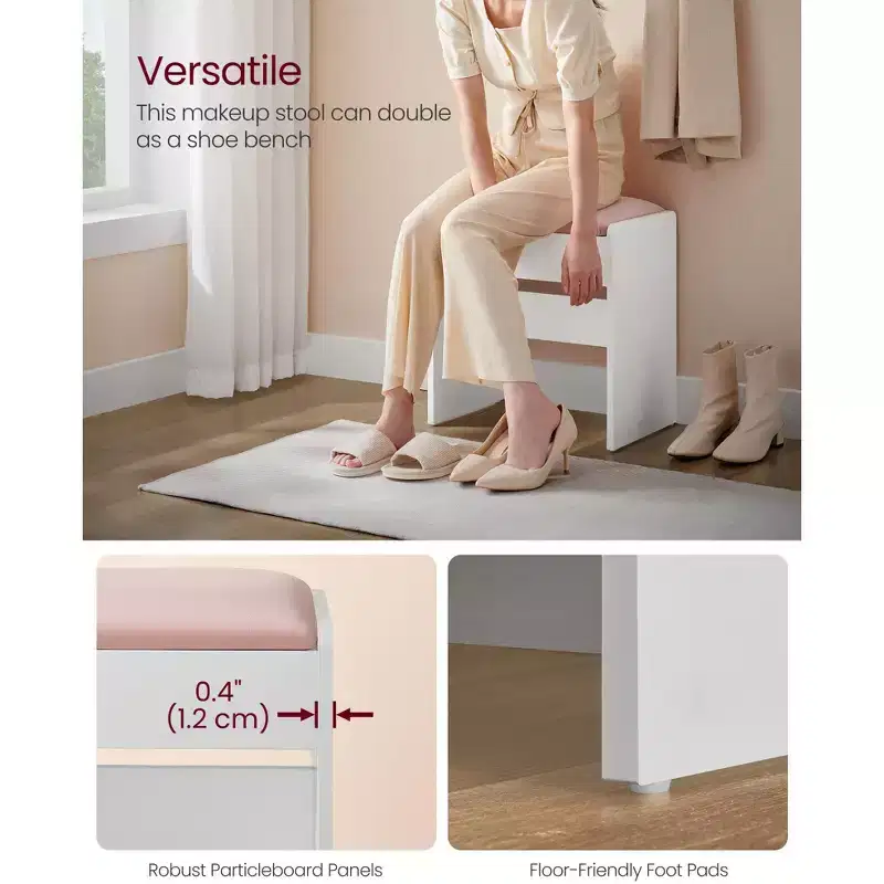 VASAGLE KAILYN Collection - Velvet Vanity Stool, Upholstered Makeup Stool, Footrest with Anti-Slip Pads, Matte White and Jelly Pink