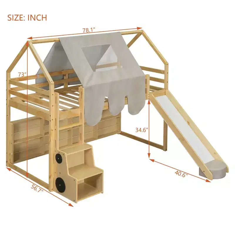 Kids Low House Loft Bed with Slide and Storage Shelves, WoodPlayhouse Loft Bed Frame with Tent & Stairs