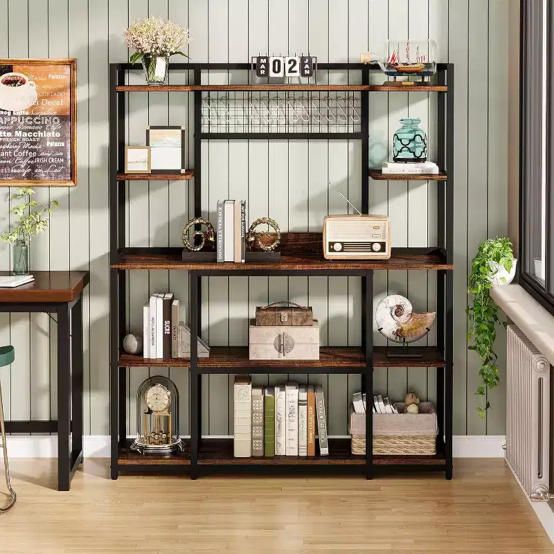 Lantine 55-Inch Kitchen Bakers Rack, 5-Tier Microwave Stand with Metal Frame, Large Coffee Bar Station with 11 Hooks, Rustic Brown