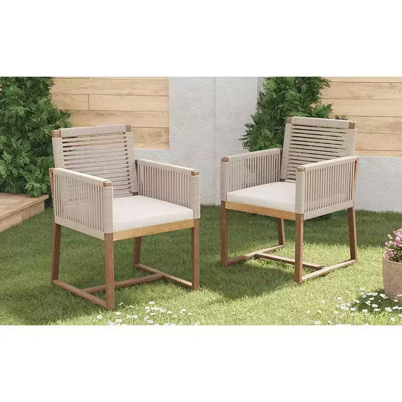 Okak Boho Outdoor Acacia Accent Chairs Handwoven Rope Dining Chairs,Set of 2,Patio Armchairs with Washable Cushion for Backyard,400lbs Max