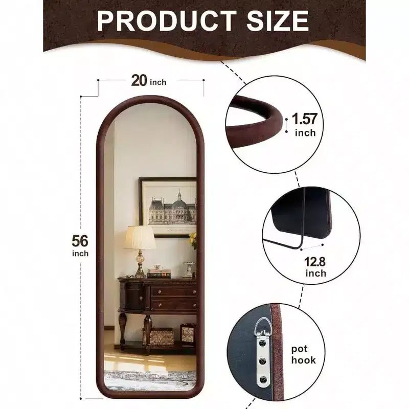 Arched Full Length Mirror with Plush Frame in Dark Brown, Freestanding or Wall Mount