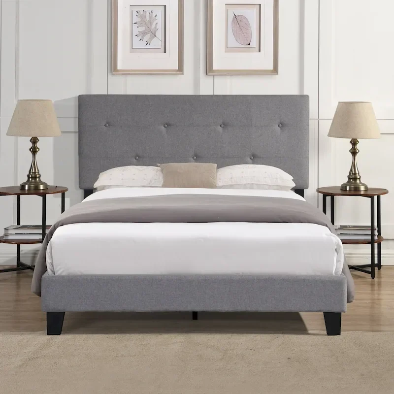 Queen Upholstered Platform Bed | Gray Linen Fabric Headboard | Slat Support | No Box Spring Needed