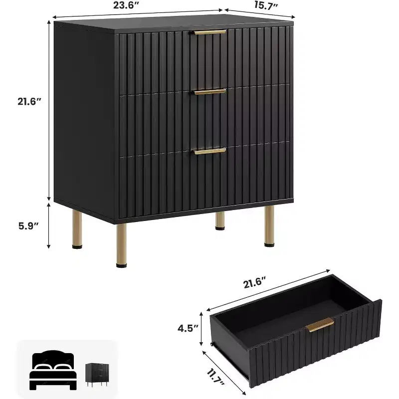 Acekool 3 Drawer Dresser, Modern Fluted Nightstand with Deep Drawers, Gold Legs, Side Table Organizer for Bedroom, Living Room, Hallway