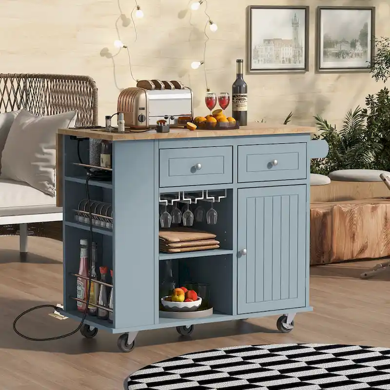 Adjustable Shelves Kitchen Island with Power Outlet and Drop Leaf