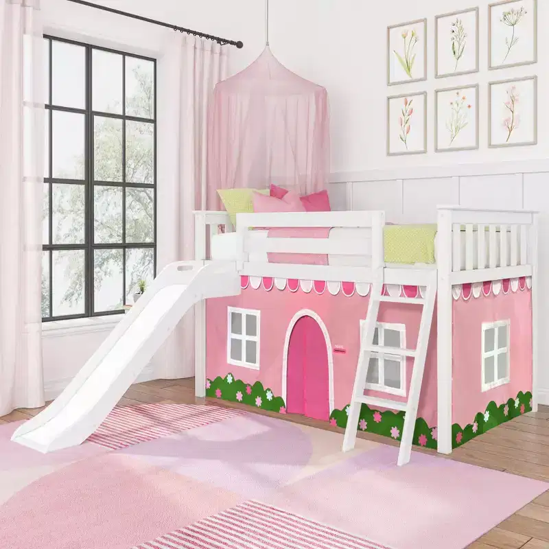 Twin Low Loft With Easy Slide & Light Pink & White Farmhouse Curtain