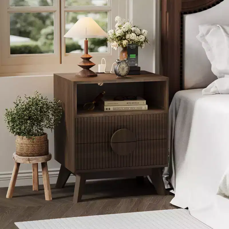 Set of 1 Oak Ash Fluted Bedside Tables C 2 Drawers, Open Shelf, for Bedroom/Office
