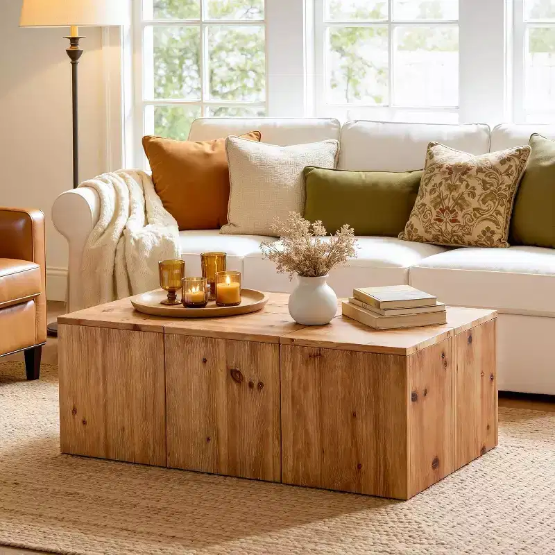 Lantine 47-Inch Rectangle Solid Wood Coffee Table, Farmhouse Center Table with Natural Wood Grain for Living Room, Retro Style