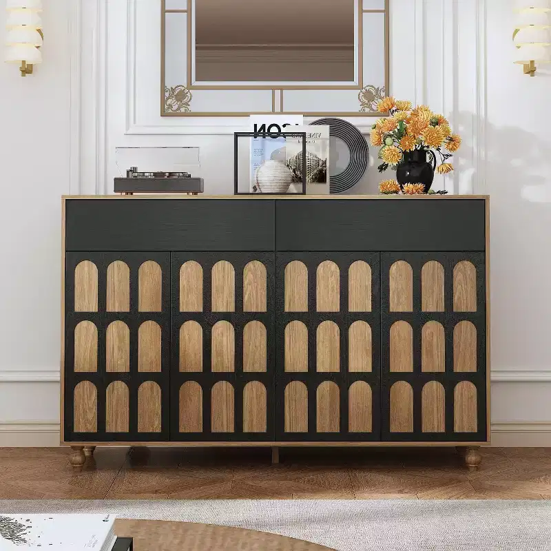 Famapy Arches Pattern Decorative Dresser Living Room Storage Cabinet Solid Wood Legs Original Wood Color