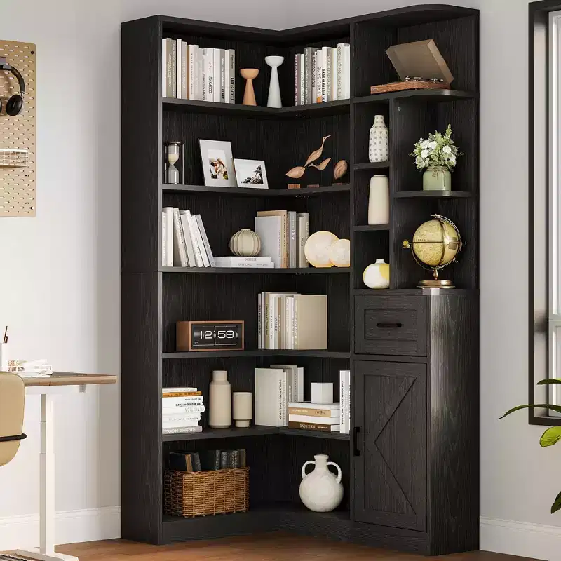 74 Tall Corner Bookshelf, 6-Tier L-Shaped Bookcase with Drawer & Storage Cabinets, Modern Open Display Shelf for Living Room, Office & Home